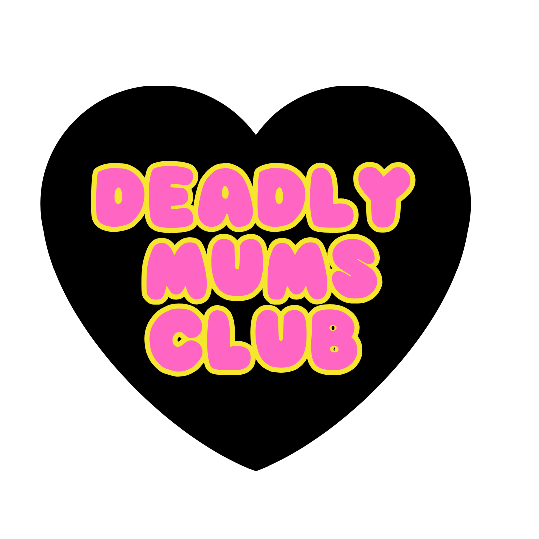 haus of ziggy lee deadly mums club sticker black heart with pink text with yellow outline saying 'deadly mums club'