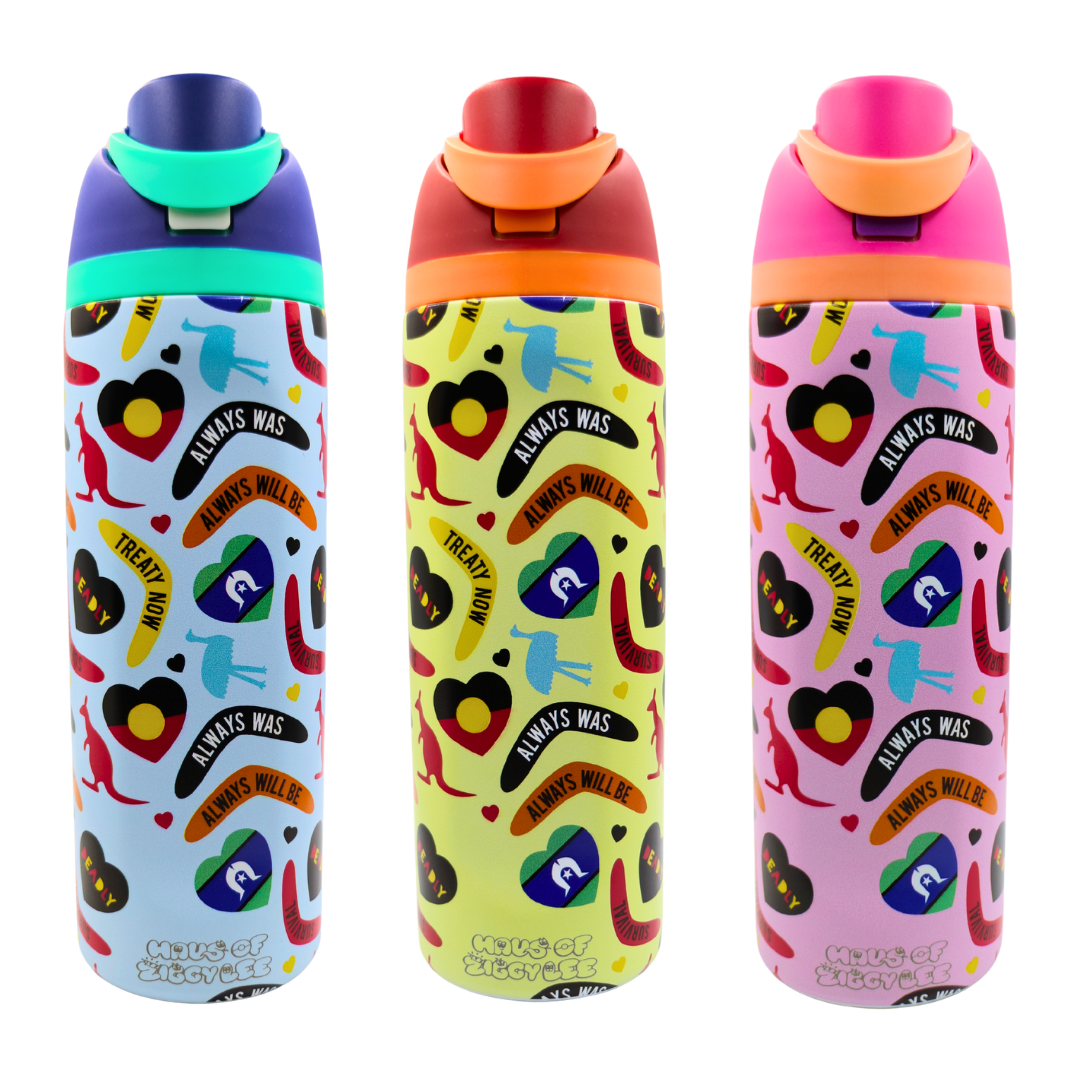 The front of three Haus of Ziggy Lee ‘icon bottles’ on a white background in icon blue, icon yellow and icon pink with a laser etched Haus of Ziggy Lee logo in silver. 