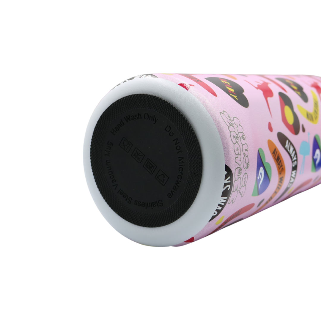 Bottom view of the icon pink bottle showing the rubber anti slip base and care instructions on a white background.