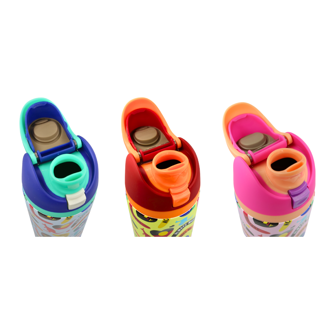The top view of three Haus of Ziggy Lee ‘icon bottles’ in icon blue, icon yellow and icon pink showing the Double drink lid on a white background.