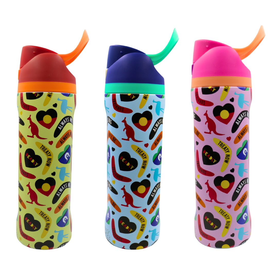 The side of three Haus of Ziggy Lee ‘icon bottles’ in icon blue, icon yellow and icon pink showing the handle on the lid on a white background.