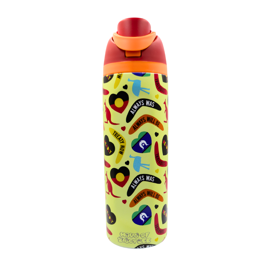 Haus of Ziggy Lee ‘icon bottle’ in icon yellow with a red and orange lid with a laser etched Haus of Ziggy Lee logo in silver.  on a white background.