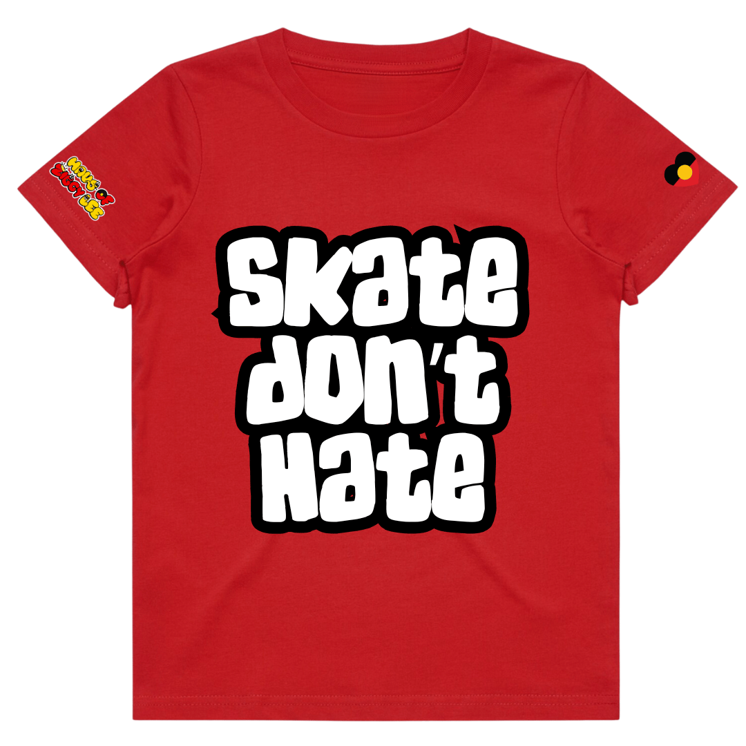 Red t-shirt with 'Skate Don't Hate' text on a white background