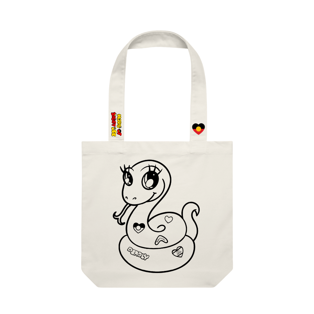 haus of ziggy lee canvas colour in tote bag with bindi cartoon snake design black outline to fill in. haus of ziggy lee logo and aboriginal flag heart decals on strap.