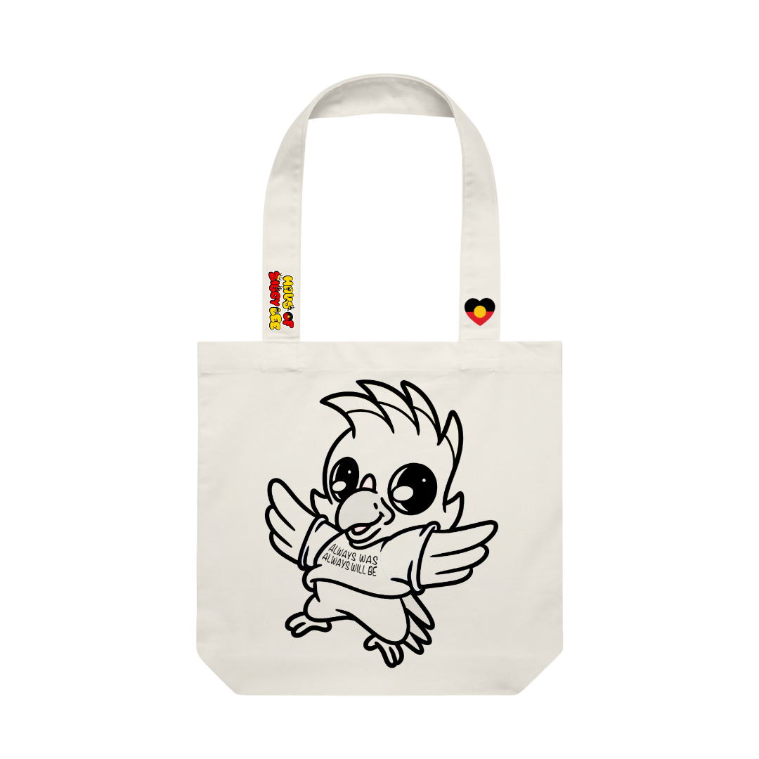 haus of ziggy lee canvas colour in tote bag with kiera cartoon cockatoo design black outline to fill in. haus of ziggy lee logo and aboriginal flag heart decals on strap.