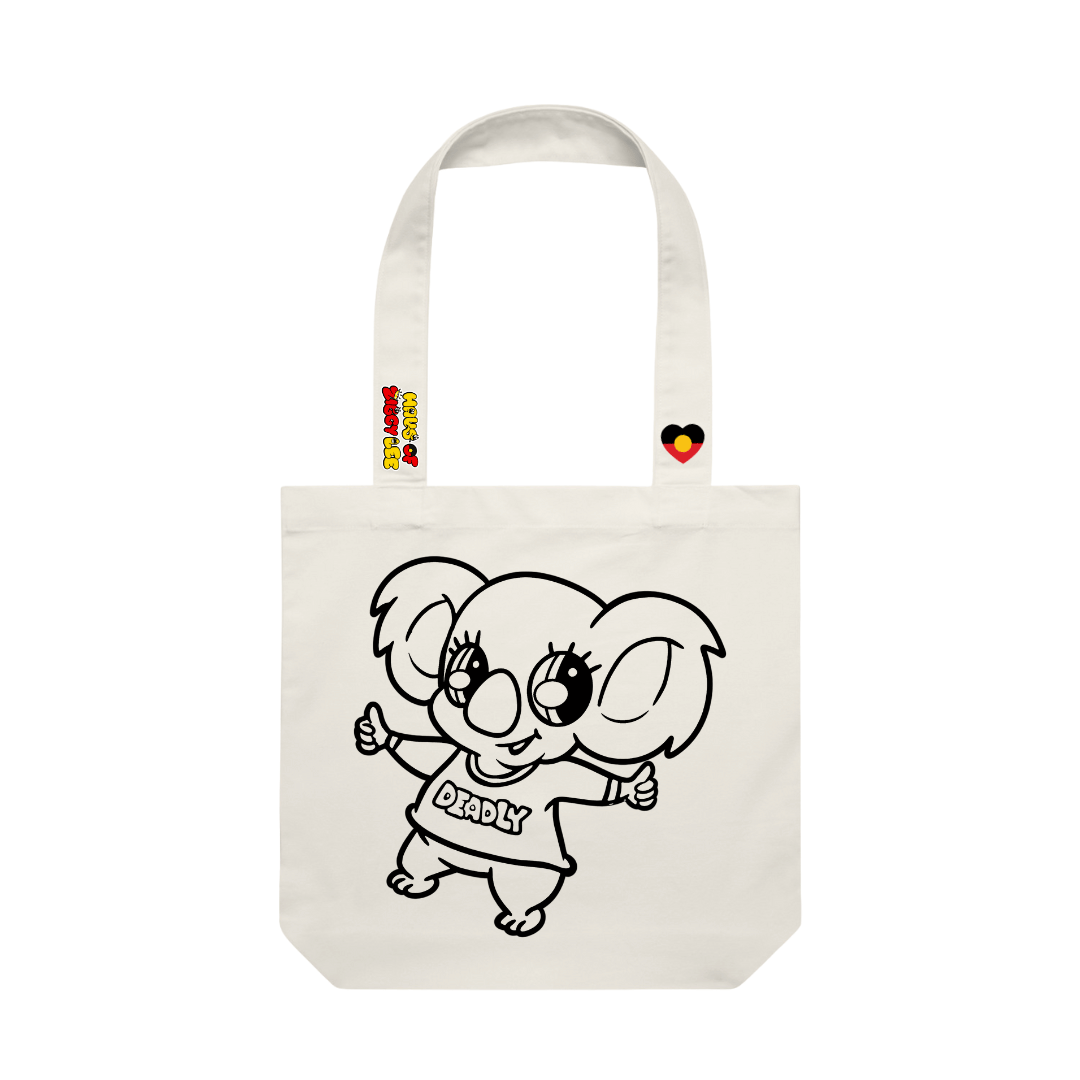 haus of ziggy lee canvas colour in tote bag with kirra cartoon koala design black outline to fill in. haus of ziggy lee logo and aboriginal flag heart decals on strap.