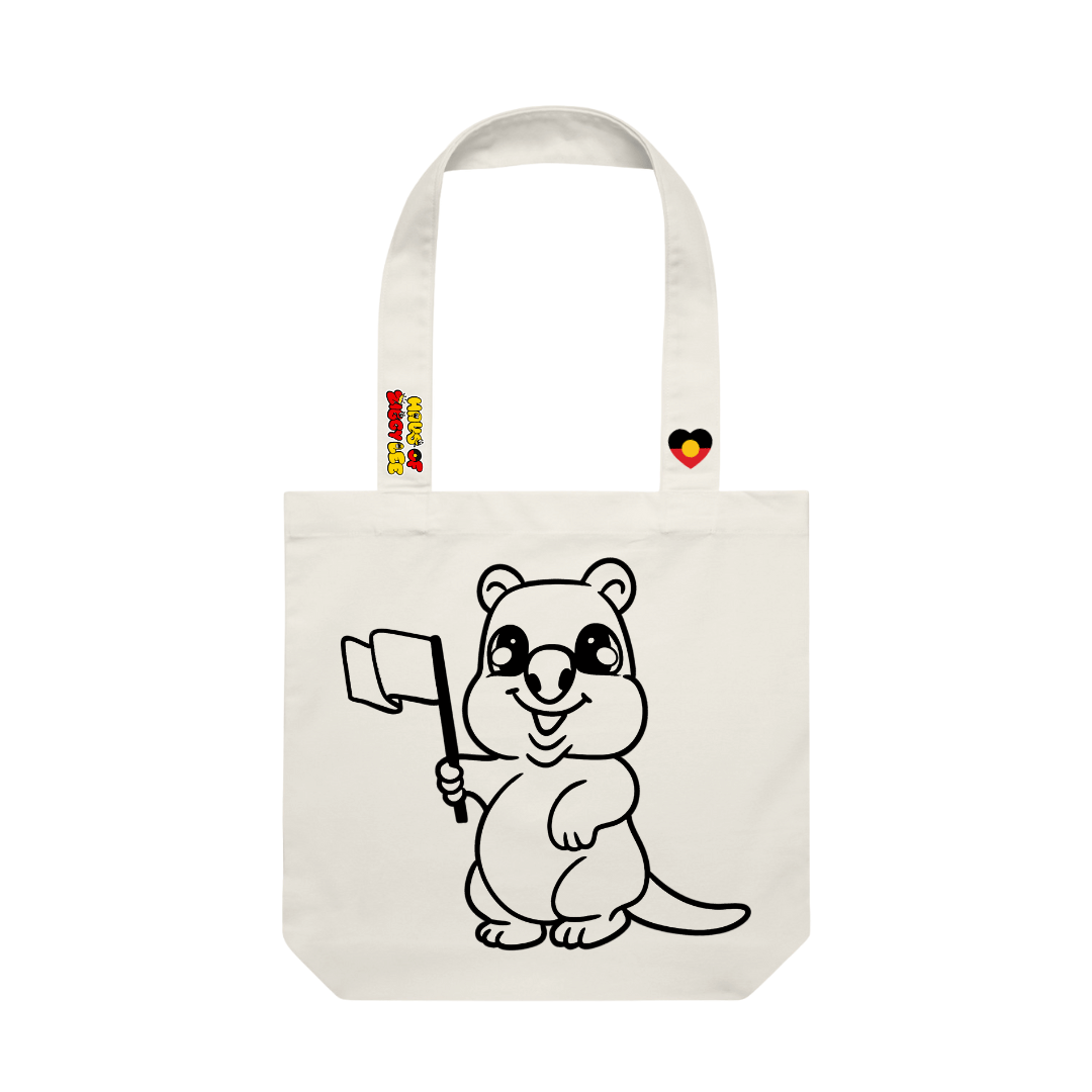 haus of ziggy lee canvas colour in tote bag with maali cartoon quokka design black outline to fill in. haus of ziggy lee logo and aboriginal flag heart decals on strap.