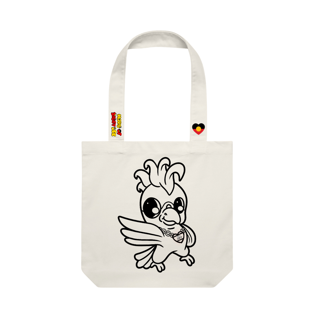 haus of ziggy lee canvas colour in tote bag with sky cartoon galah design black outline to fill in. haus of ziggy lee logo and aboriginal flag heart decals on strap.