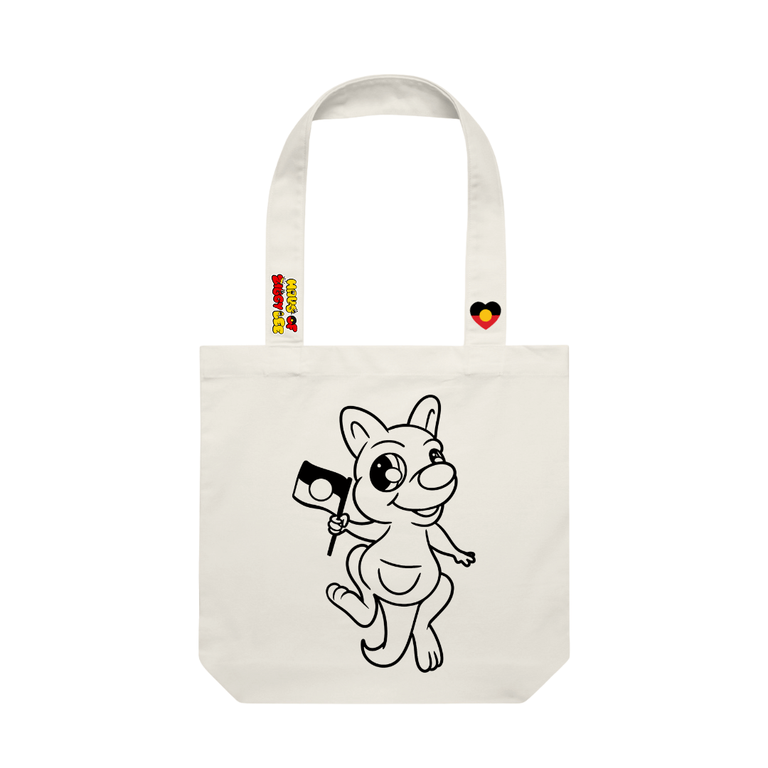 haus of ziggy lee canvas colour in tote bag with sonny boy cartoon kangaroo design black outline to fill in. haus of ziggy lee logo and aboriginal flag heart decals on strap.