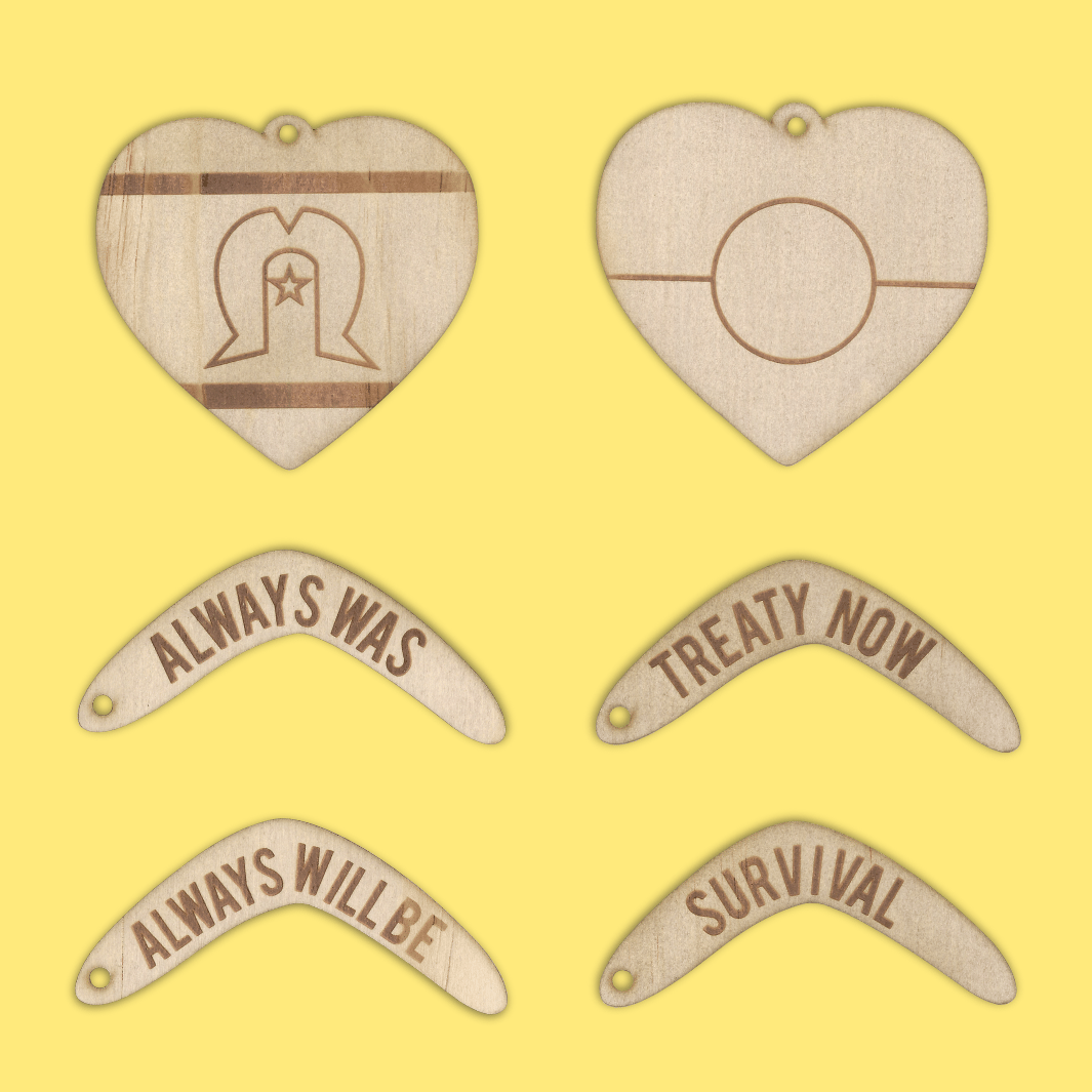 haus of ziggy lee diy wooden colouring in ornament set featuring aboriginal torres strait islander heart flags and 4 boomerangs that say always was, always will be, treaty now, survival
