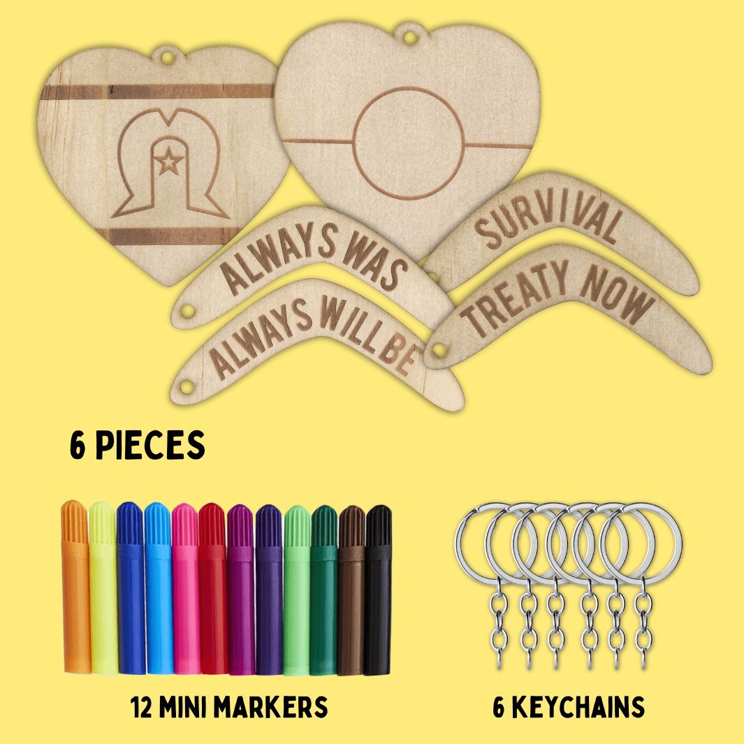 set of haus of ziggy lee wooden keychains with engraved text, mini markers, and keychains on a yellow background