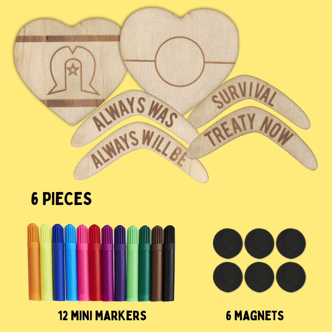 set of haus of ziggy lee wooden magnets with engraved text, mini markers, and black magnets to attach on a yellow background