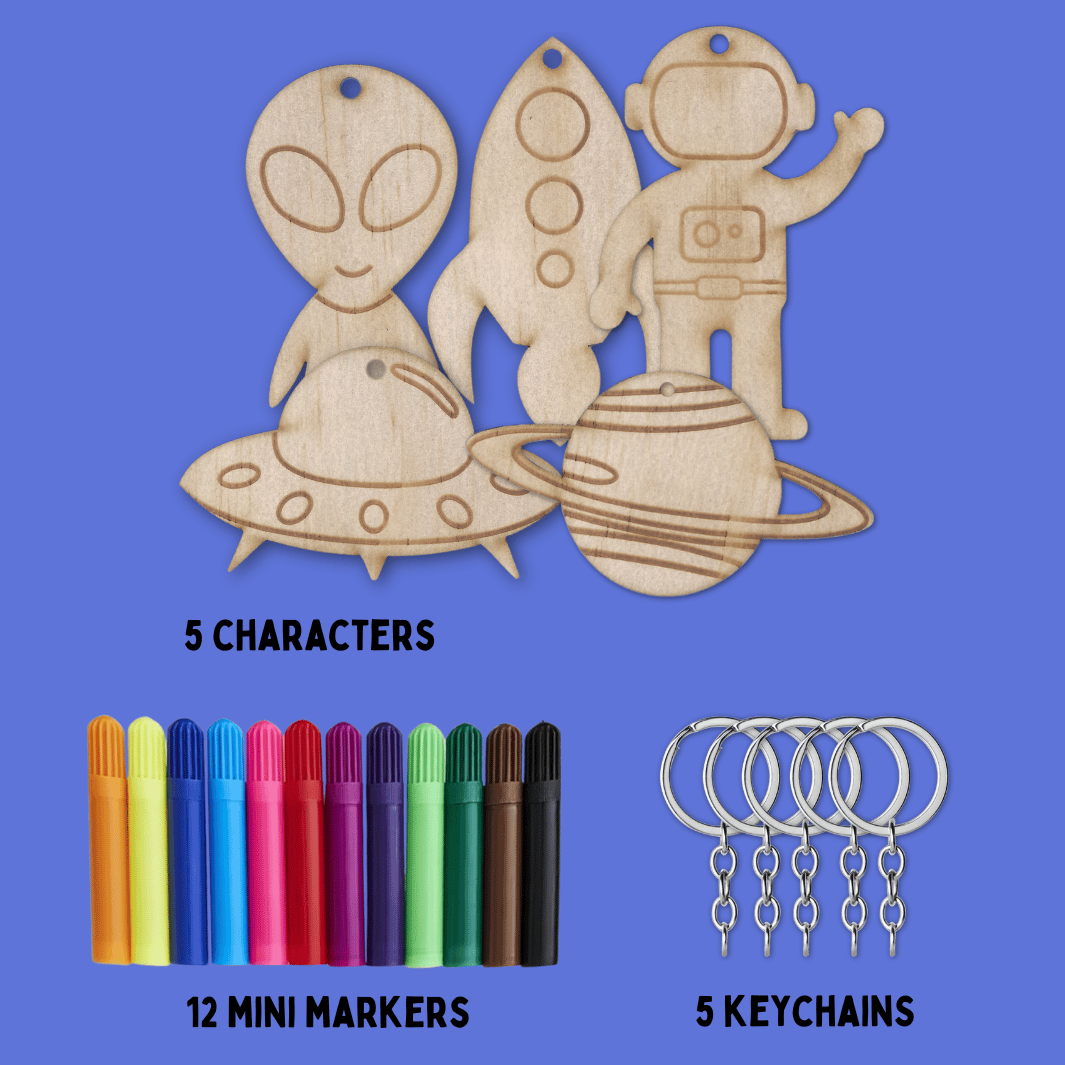 Set of wooden haus of ziggy lee cosmic colour in keychains on a blue background with picture of 12 mini colourful markets and 5 silver keychains to attach. words read 5 characters, 12 mini markers, 5 keychains.