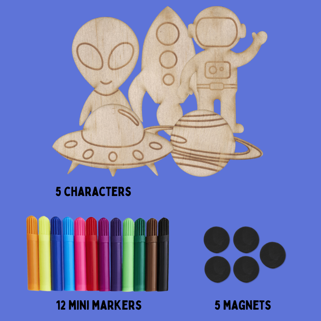 Set of wooden haus of ziggy lee cosmic colour in magnets on a blue background with picture of 12 mini colourful markets and 5 black magnets to attach. words read 5 characters, 12 mini markers, 5 magnets.