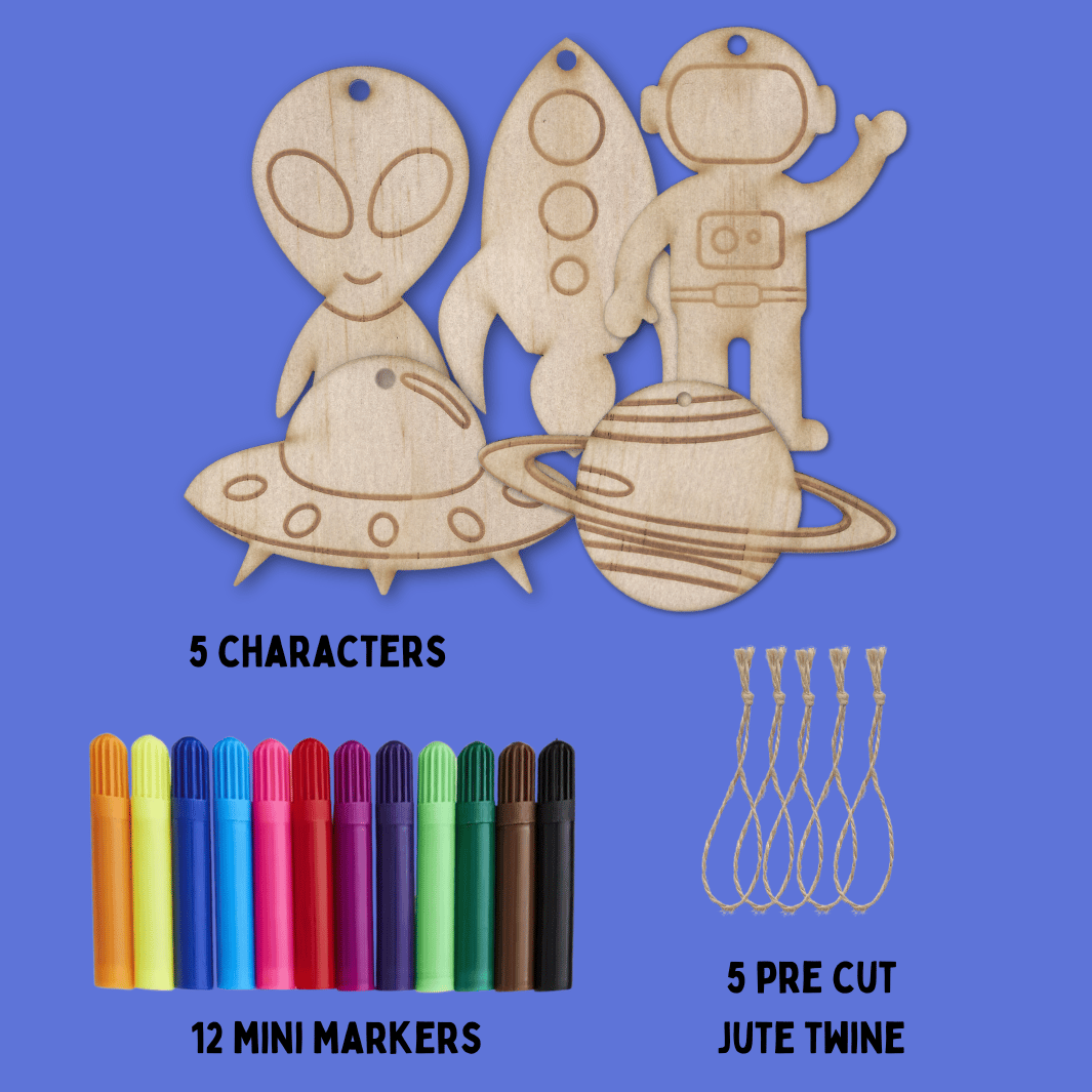 Set of wooden haus of ziggy lee cosmic colour in ornaments on a blue background with picture of 12 mini colourful markets and 5 pre cut jute twine pieces to attach. words read 5 characters, 12 mini markers, 5 pre cut jute twine.