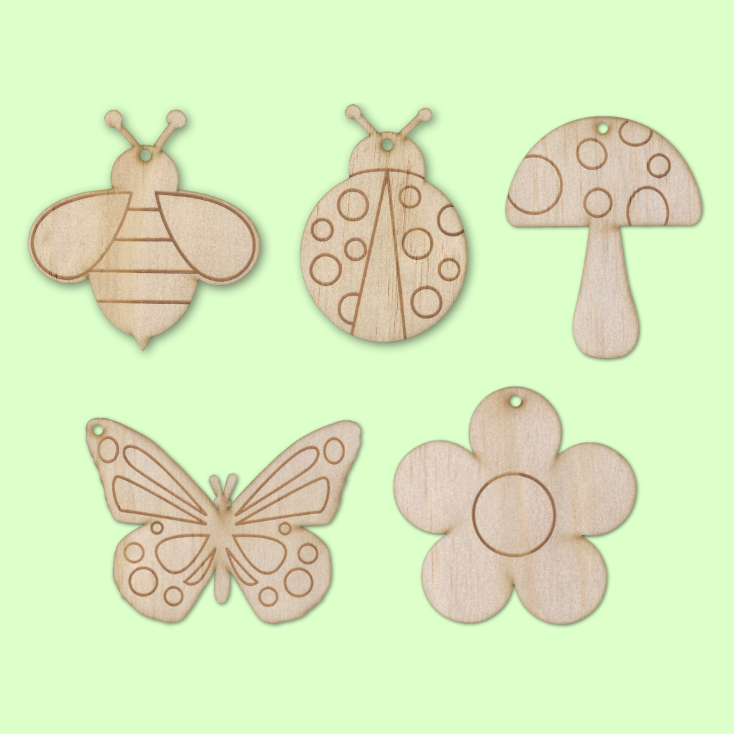 set of 5 wooden haus of ziggy lee enchanted garden theme colour in magnets on a light green background