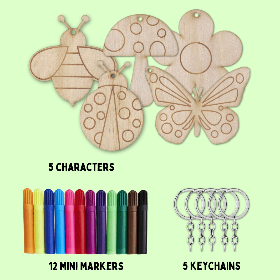 Set of wooden haus of ziggy lee enchanted garden colour in keychains on a light green background with picture of 12 mini colourful markets and 5 silver keychains to attach. words read 5 characters, 12 mini markers, 5 keychains.