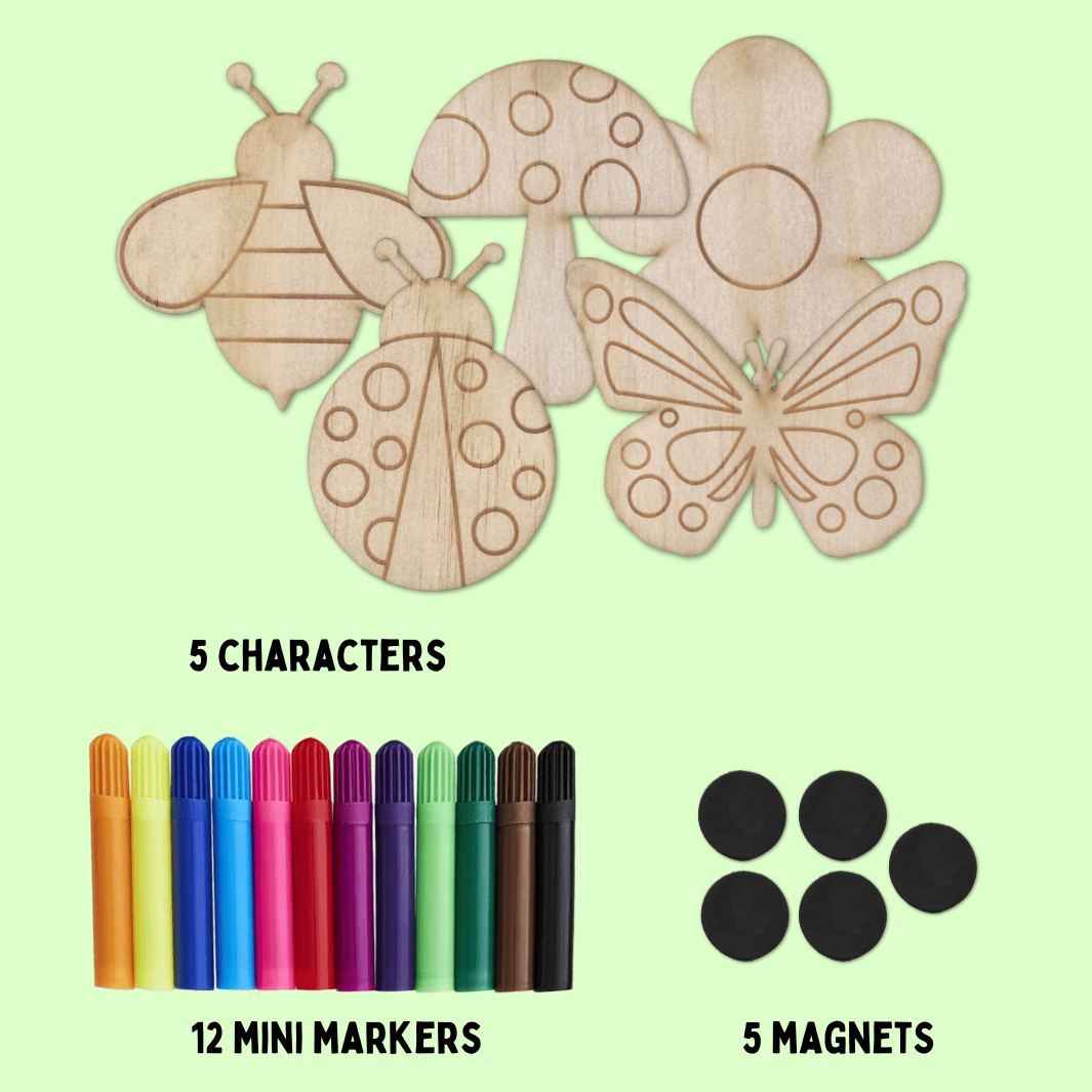 Set of wooden haus of ziggy lee enchanted garden colour in magnets on a light green background with picture of 12 mini colourful markets and 5 black magnets to attach. words read 5 characters, 12 mini markers, 5 magnets.
