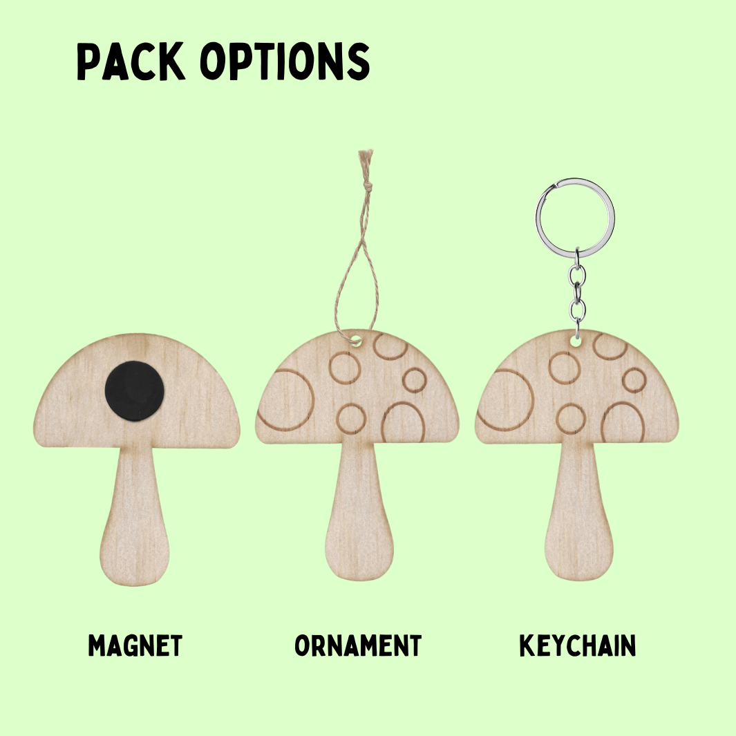 image of haus of ziggy lee enchanted garden wooden diy colour in pieces showing examples of pack options with magnet twine and keychain attached to each as an example. text reads pack options, magnet, ornament, keychain