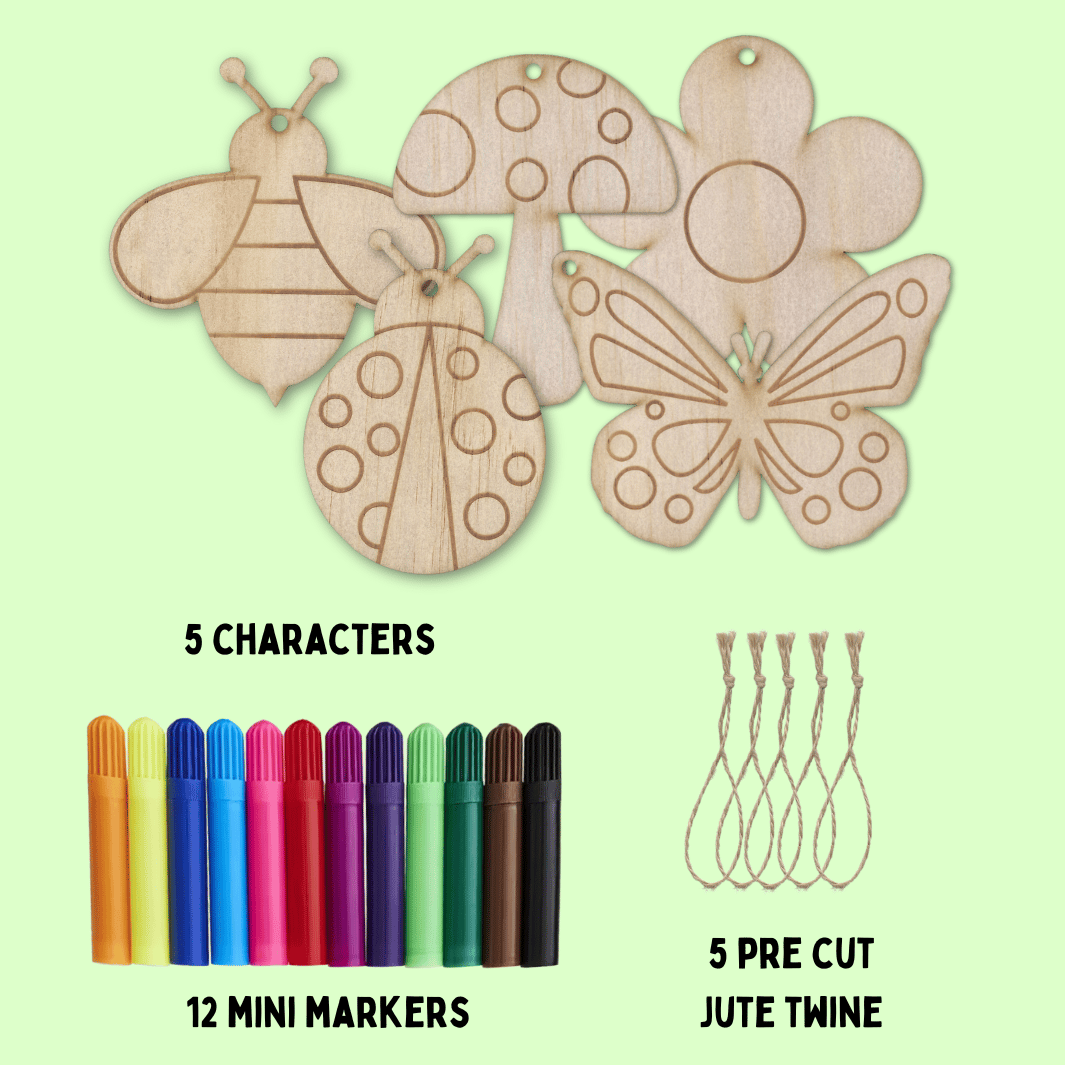 Set of wooden haus of ziggy lee enchanted garden colour in ornaments on a light green background with picture of 12 mini colourful markets and 5 pre cut pieces of jute twine to attach. words read 5 characters, 12 mini markers, 5 pre cut jute twine.
