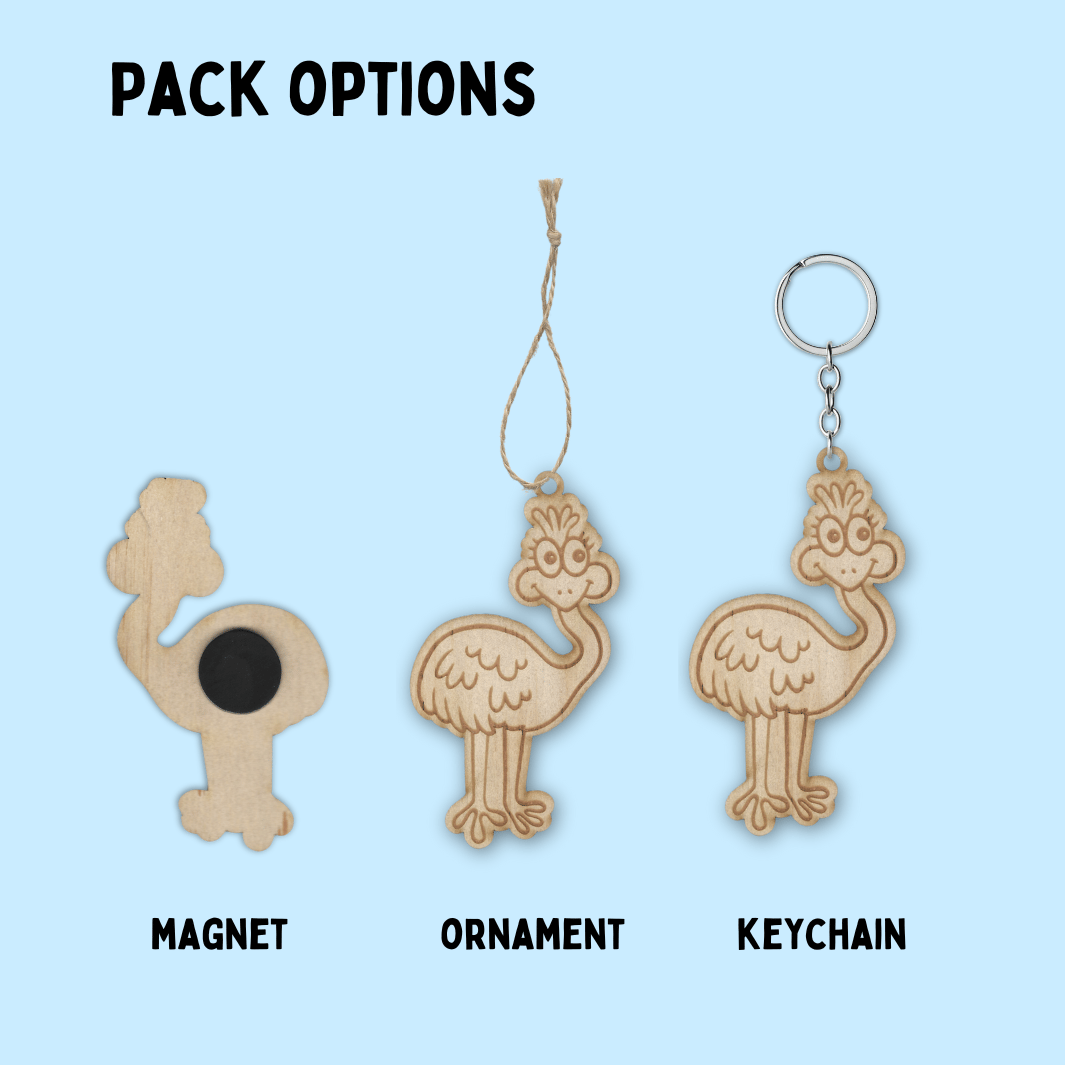 image of haus of dizzy haus of ziggy lee native animal wooden diy colour in pieces showing examples of pack options with magnet twine and keychain attached to each as an example. text reads pack options, magnet, ornament, keychain