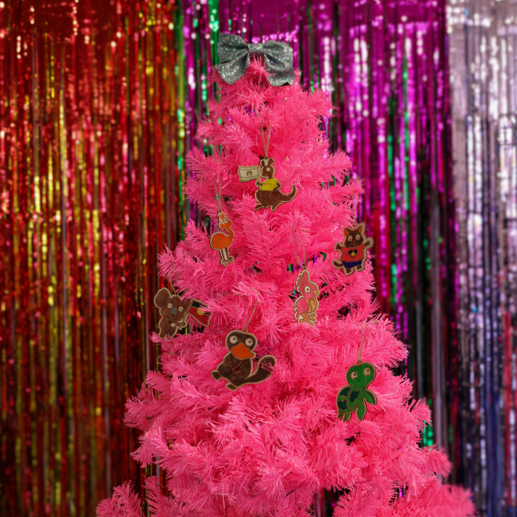 Coloured in Haus of Ziggy Lee Australian animal diy wooden kit on pink Christmas tree