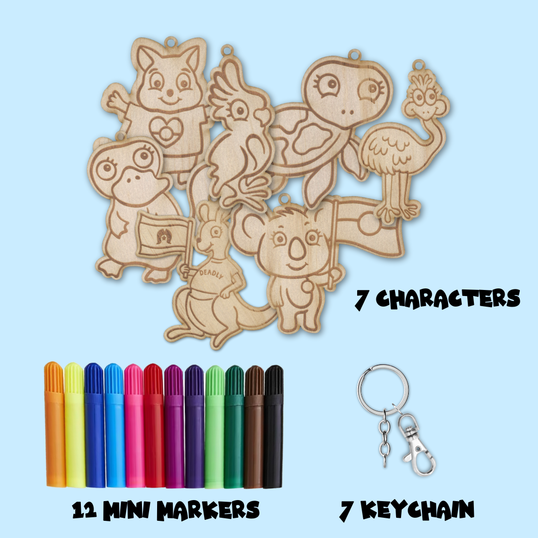 Haus of Ziggy Lee australian animals diy silver keychain kit including 7 wooden animals 12 mini markers and sliver keychain