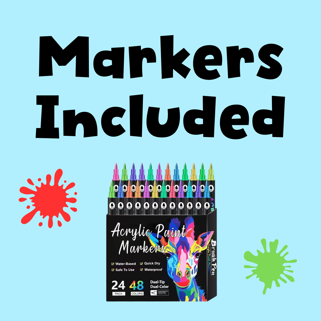 Pack of acrylic paint markers with text 'Markers Included' on a blue background
