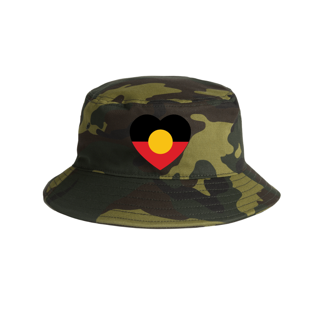 haus of ziggy lee camouflage bucket hat with a heart-shaped Aboriginal flag design in centre