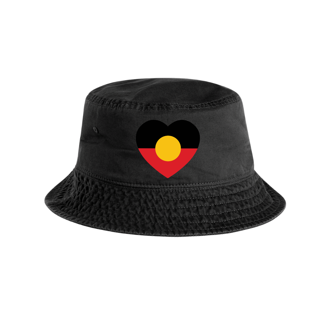 haus of ziggy lee faded black bucket hat with a heart-shaped Aboriginal flag design in centre