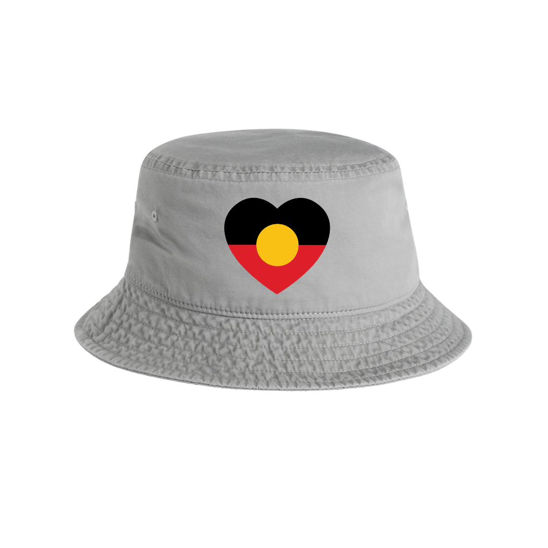 haus of ziggy lee faded grey bucket hat with a heart-shaped Aboriginal flag design in centre