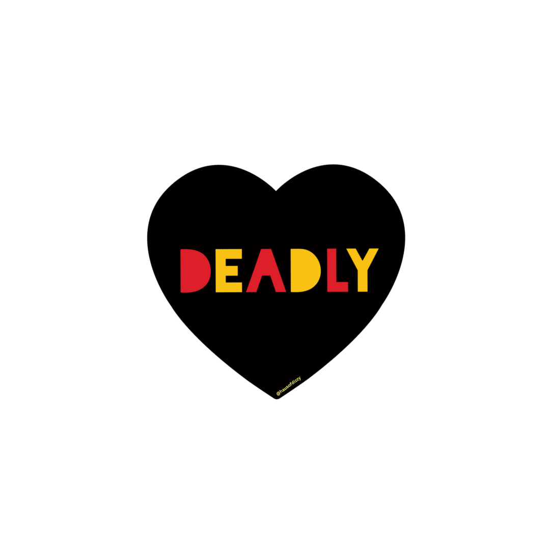 haus of dizzy Black heart sticker with 'DEADLY' in red and yellow font size small