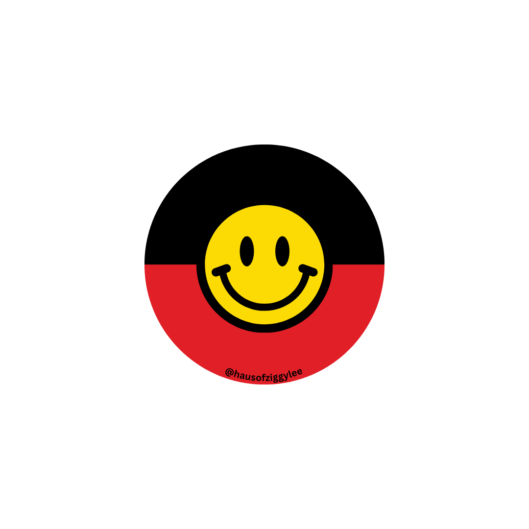 haus of ziggy lee deadly smiles sticker. aboriginal circle flag sticker with black smiley face in yellow sun