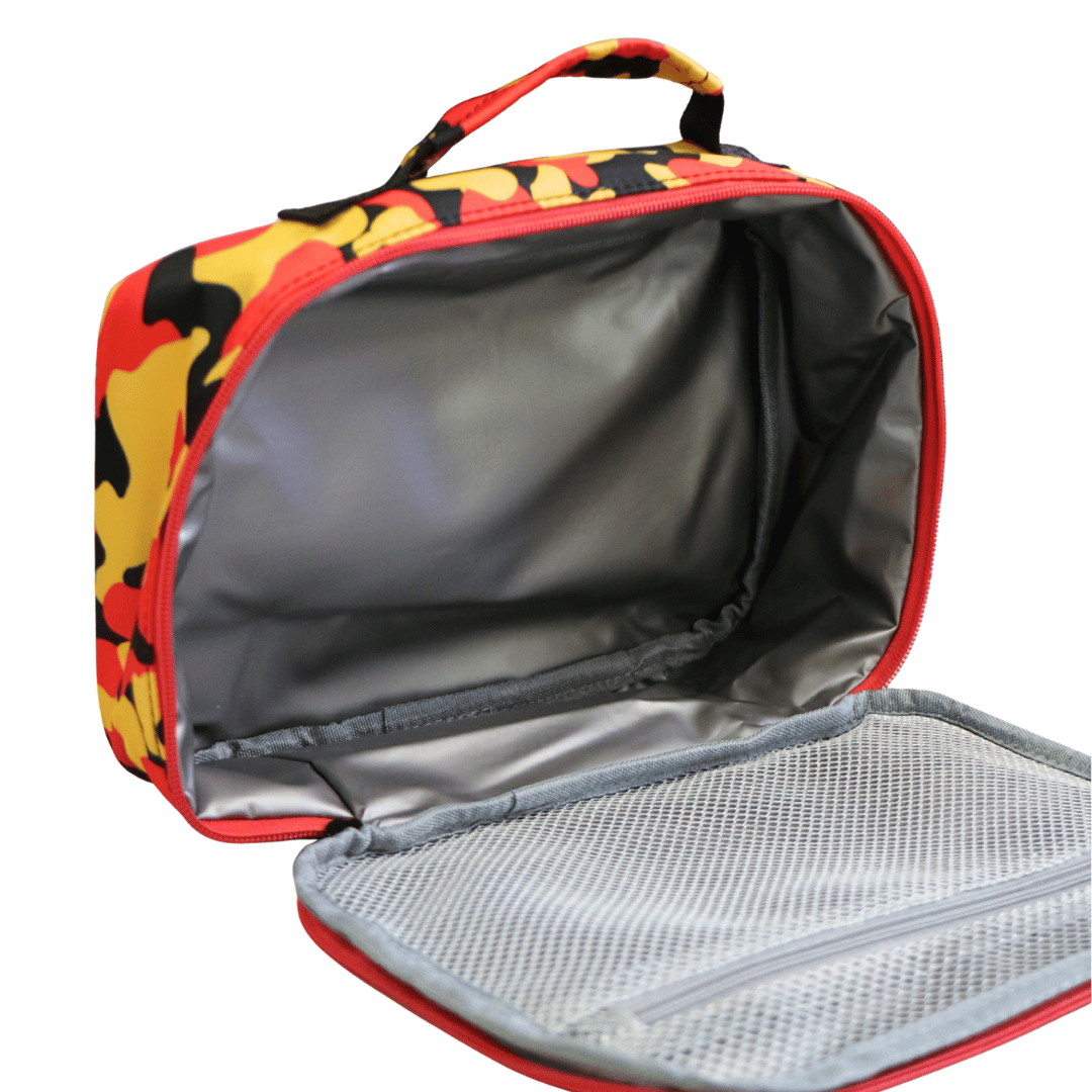 An open soft-sided lunch bag with a red, yellow, and black camouflage pattern on the exterior, a gray insulated interior lining, and a gray mesh zippered compartment