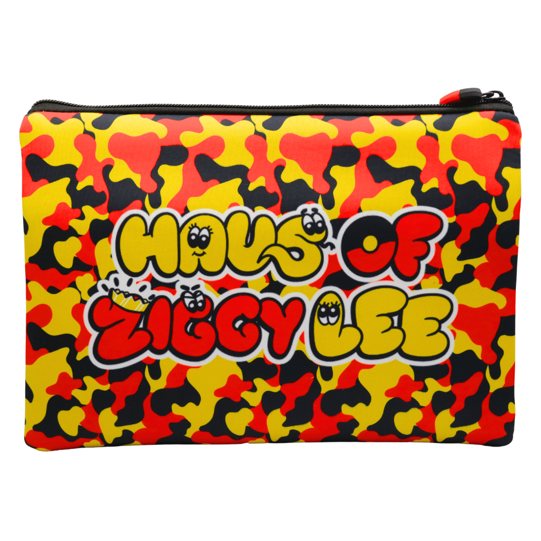 haus of ziggy lee everyday deadly pencil case with all over black, yellow, and red camouflage print, featuring large central 'Haus of Ziggy Lee' logo, back view.