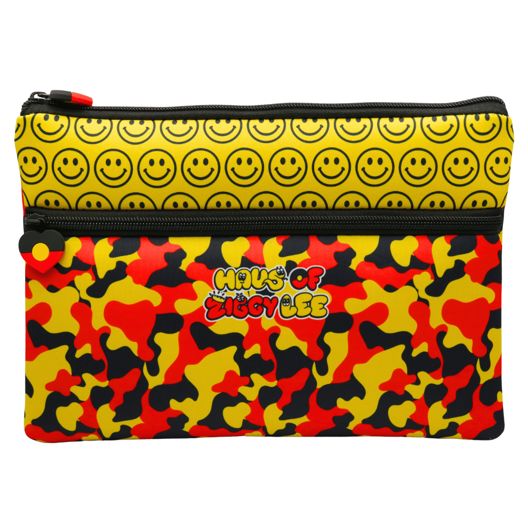 haus of ziggy lee everyday deadly pencil case with smiley face pattern on top and black, yellow, and red camouflage design on bottom, featuring 'Haus of Ziggy Lee' logo. front view