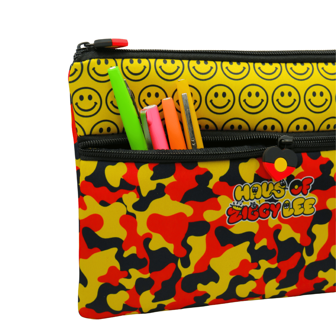 haus of ziggy lee everyday deadly pencil case with smiley face pattern and camouflage design, featuring colorful pens sticking out front pocket