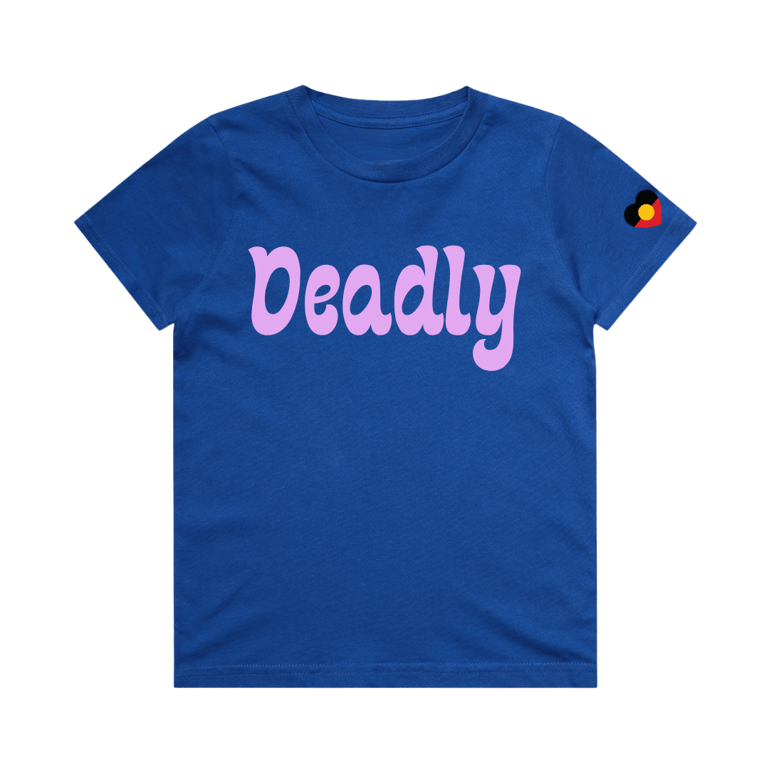 haus of ziggy lee kids royal blue tshirt with deadly in lavender bubble font and Aboriginal heart flag decal on sleeve