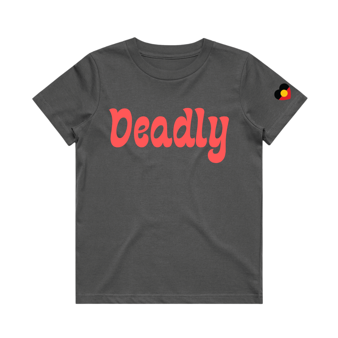 haus of ziggy lee kids charcoal tshirt with deadly in coral red bubble font and Aboriginal heart flag decal on sleeve