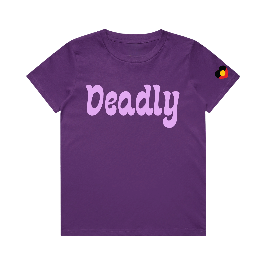 haus of ziggy lee kids deep purple tshirt with deadly in lavender bubble font and Aboriginal heart flag decal on sleeve