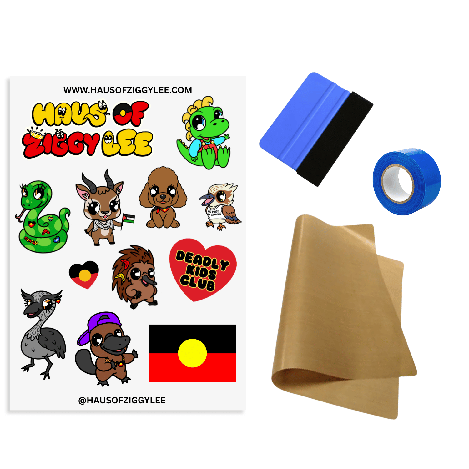 DIY Iron-On Transfer Kit by Haus of Ziggy Lee, featuring a sheet of various native animal cartoon decals, a squeegee, blue heat-proof tape, and brown teflon paper included.
