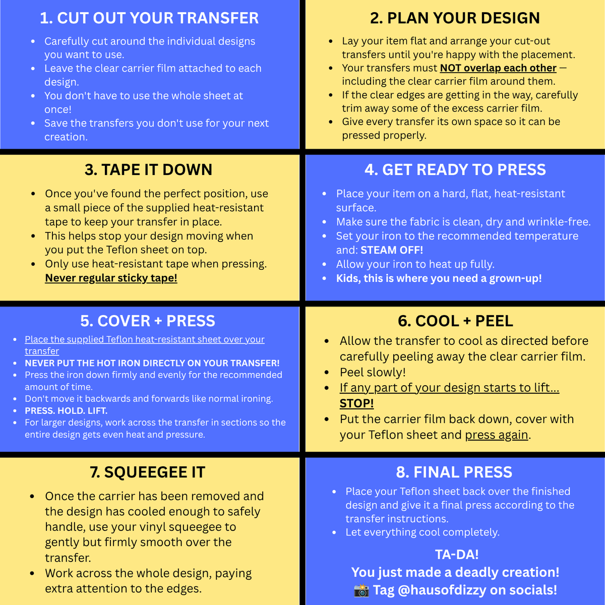 An eight-panel step-by-step guide with colorful text boxes on a white background, explaining how to cut, plan, tape, press, cover, cool, squeeze, and finish a dtf transfer sheet.