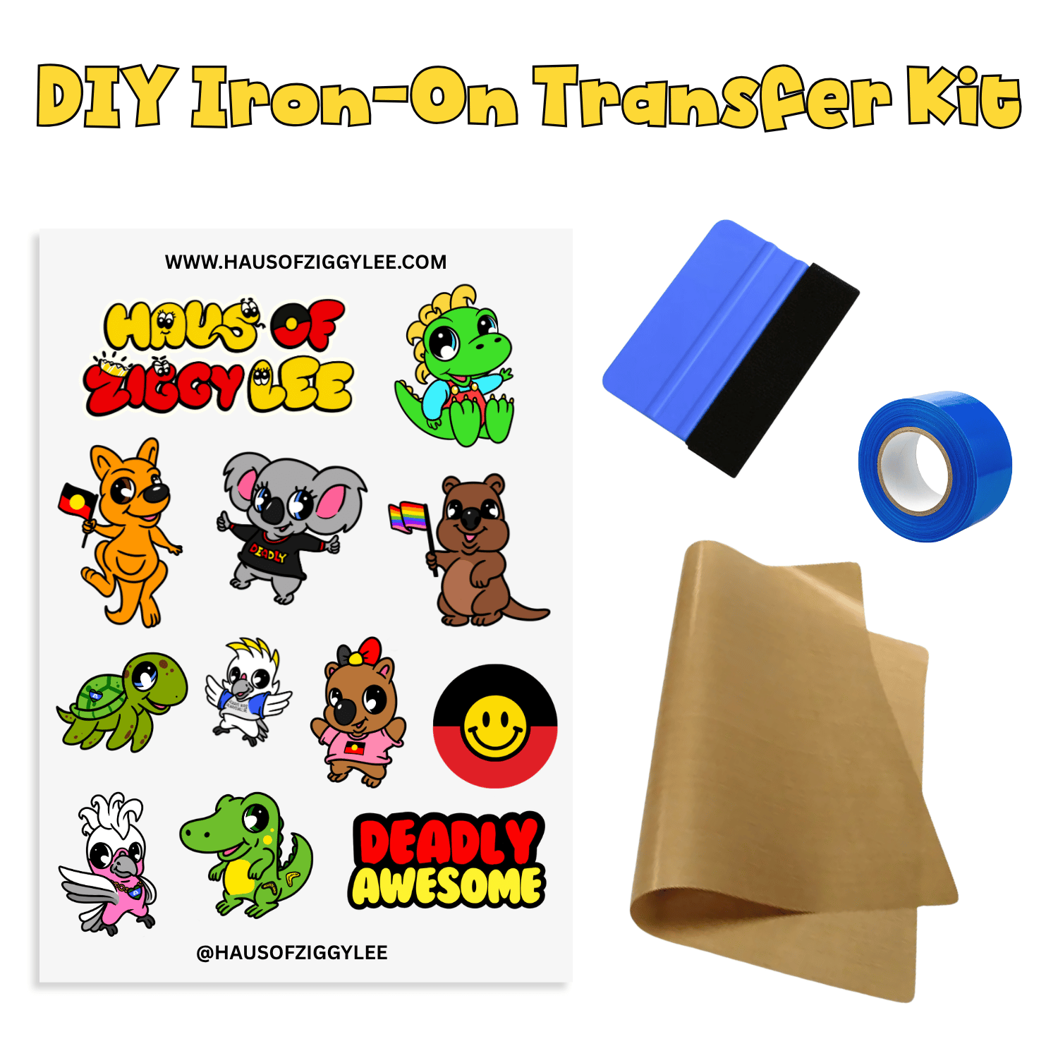DIY Iron-On Transfer Kit by Haus of Ziggy Lee, featuring a sheet of various native animal cartoon decals, a squeegee, blue heat-proof tape, and brown teflon paper included.