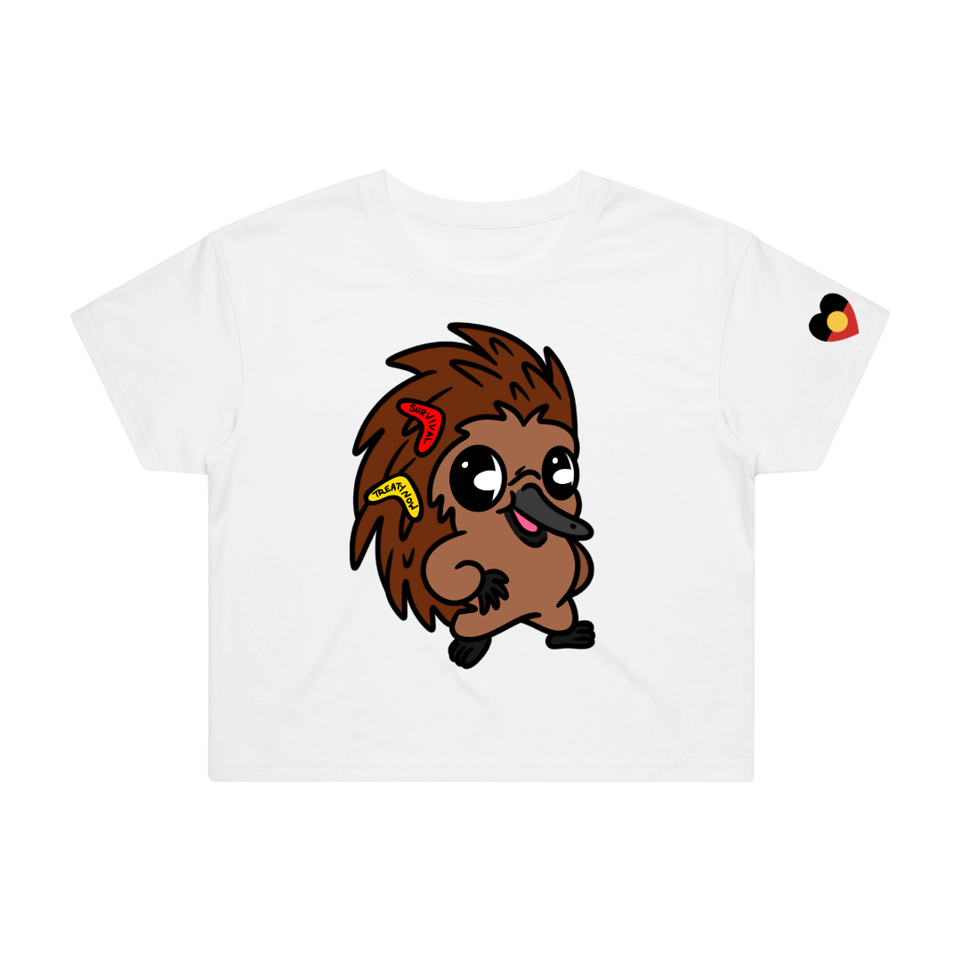 White crop t-shirt with a cartoon echidna, Jarrah, on front. the t-shirt is on a white background