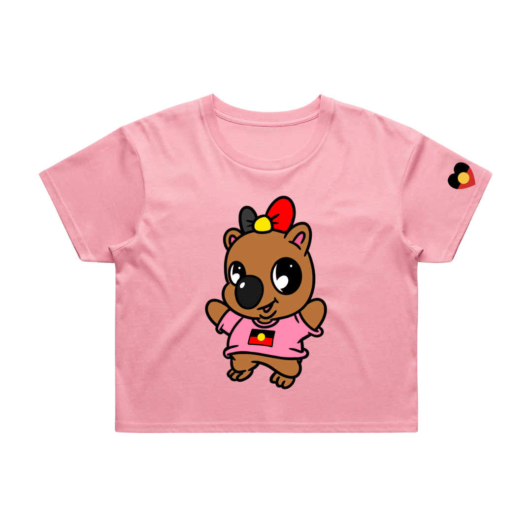 Pink crop t-shirt with a cartoon character, Woomie the wombat, on a white background